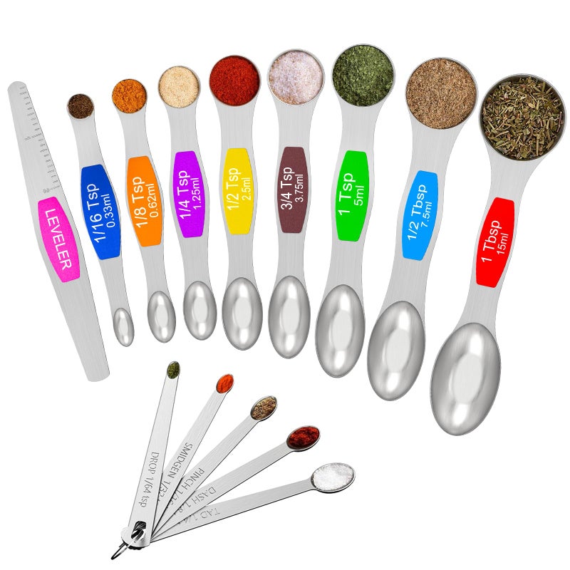 Wildone 14 Piece Stainless Steel measuring spoons Set, Including 8 Double Sided Magnetic, 1 Leveler and 5 Mini, for Dry and Liquid Ingredients, Fits in Spice Jar - Image 1